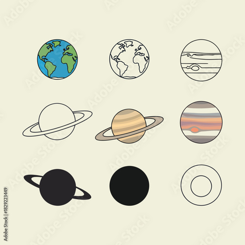 Collection of stylized planet icons including Earth Saturn and Jupiter in various styles vactor