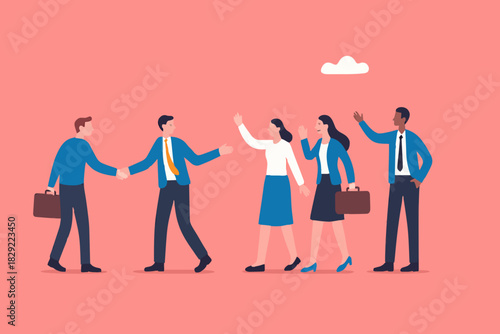 Onboarding new employee, warm welcome to new office, introduce new hire to colleagues, orientation training on first day concept, businessman manager handshake welcome and introduce new staff to team.