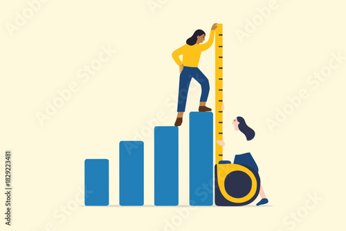 Business benchmark measurement, KPI, key performance indicator to evaluate success, improvement or business growth concept, businessman and woman help using measuring tape to measure bar graph.