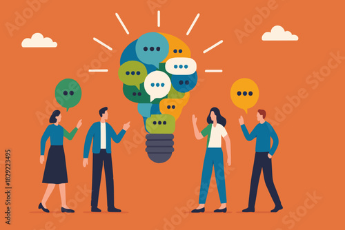 Effective communication, meeting discussion or conversation solution, speak or telling intelligence information, team opinion new idea concept, business people discuss with lightbulb speech bubble.