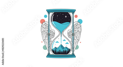 Surreal vector illustration of a winged hourglass depicting the transition from a starry night sky to a mountain forest landscape.