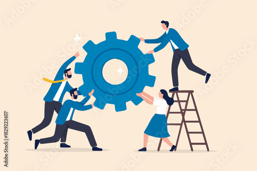 Business integration, partnership to get solution, connection or teamwork, work efficiency, optimization or organization concept, business people team colleagues connecting cogwheel gear together.