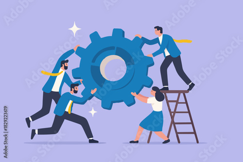 Business integration, partnership to get solution, connection or teamwork, work efficiency, optimization or organization concept, business people team colleagues connecting cogwheel gear together.