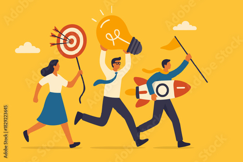 Entrepreneurship, think and develop new idea, organize and launch new innovation product, startup or start new company, business people holding winner flag, rocket ship, lightbulb idea and target plan