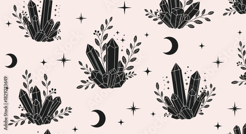 Mystical seamless pattern featuring black crystal clusters, crescent moons, stars, and botanical elements on a pale pink background.