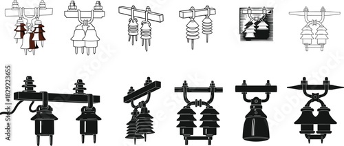 Electrical powerline insulator vector set featuring utility components, high voltage equipment, ceramic and polymer devices, industrial infrastructure illustration, engineering tools