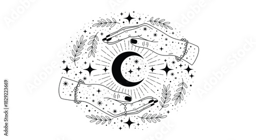 Mystical line art illustration of two hands holding a crescent moon, surrounded by a celestial frame of stars and branches.