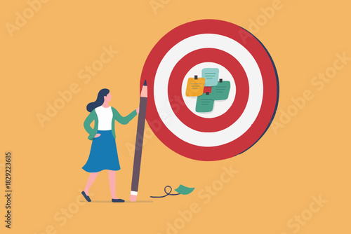 Goal setting, achievable target or purposeful objective, mission to accomplish or challenge to win for business success concept, businessman write down goal on notes and put on big dartboard target.