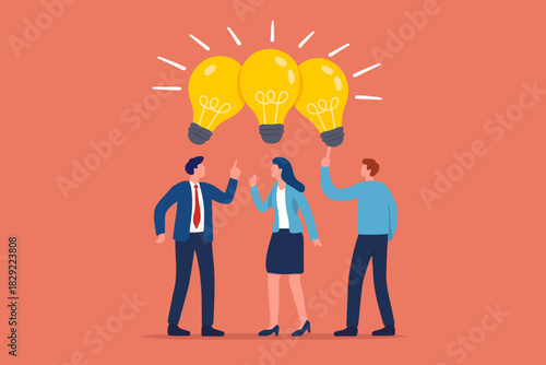 Sharing business ideas, collaboration meeting, sharing knowledge, teamwork or people thinking the same idea concept, smart thinking businessmen people office workers team up share lightbulb lamp idea.