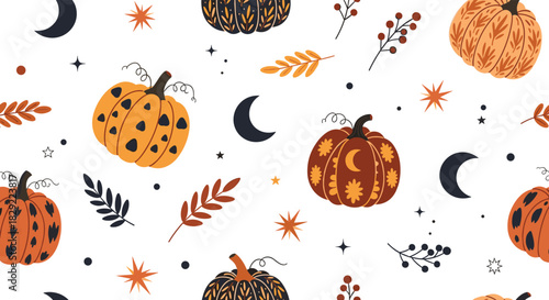 Whimsical autumn seamless pattern with decorated pumpkins, celestial moons, stars, and colorful fall foliage on a white background.