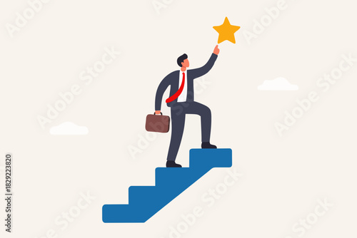 Hope to success in business, accomplishment or reaching business goal, reward and motivation concept, smart confident businessman climb up stair to the top to reaching to grab precious star reward.