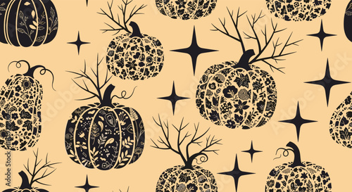Mystical Halloween seamless pattern with intricately decorated black pumpkins and sparkling stars on a warm orange background.