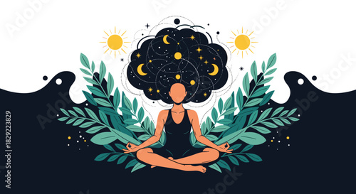 Spiritual illustration of a woman in a lotus yoga pose with cosmic hair, surrounded by lush foliage against a day and night background.