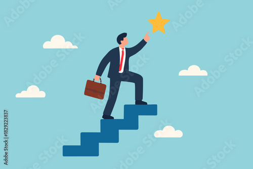 Hope to success in business, accomplishment or reaching business goal, reward and motivation concept, smart confident businessman climb up stair to the top to reaching to grab precious star reward.