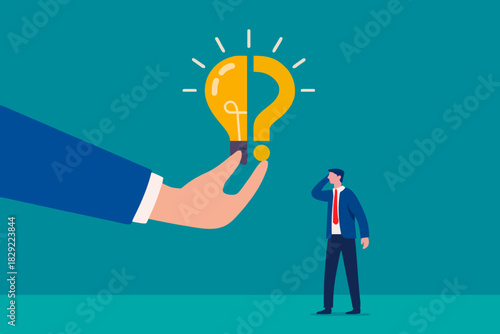 Business problem, idea, decision making and solution, job and career path concept, confusing businessman stand with question mark sign then helping hand put half of lightbulb lamp for bright solution.