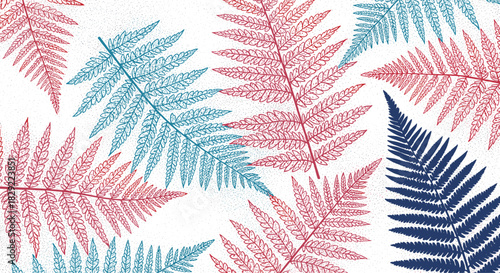 Seamless botanical pattern featuring detailed, hand-drawn fern leaves in a striking red and blue color palette on a textured background.