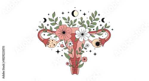 Artistic illustration of a flower-adorned female reproductive system, celebrating femininity with celestial moon phases and stars.