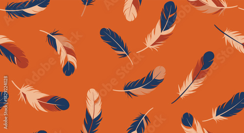 Seamless pattern of colorful feathers in a Native American or boho style, scattered across a warm orange background.