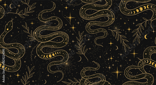 Mystical seamless pattern with golden celestial snakes, moon phases, stars, and botanical elements on a dark, starry background.