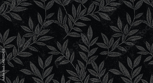 Elegant and subtle seamless pattern of silver or white stippled leaves on a black background, creating a glittery, textured effect.