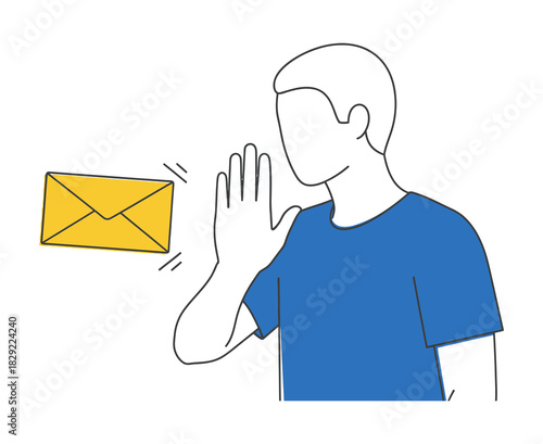 Line drawing of a faceless person in a blue shirt rejecting an incoming yellow envelope with a hand gesture.