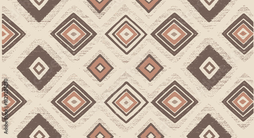 Seamless pattern of ethnic geometric diamonds and zigzags in earthy brown tones with a distressed, rustic texture.