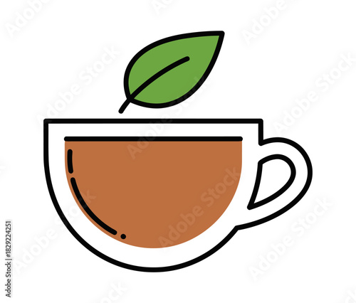 A simple line art illustration of a teacup filled with brown tea and a single green leaf.
