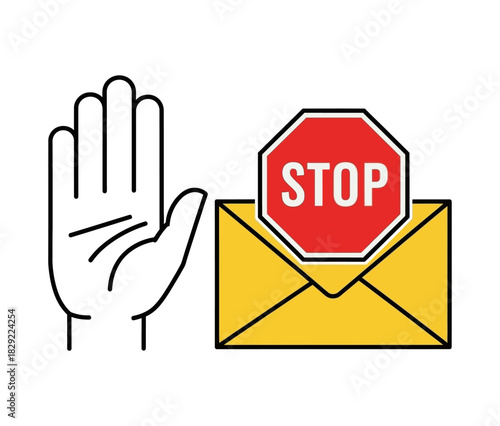 Conceptual illustration of blocking unwanted spam email with a stop hand gesture and sign.