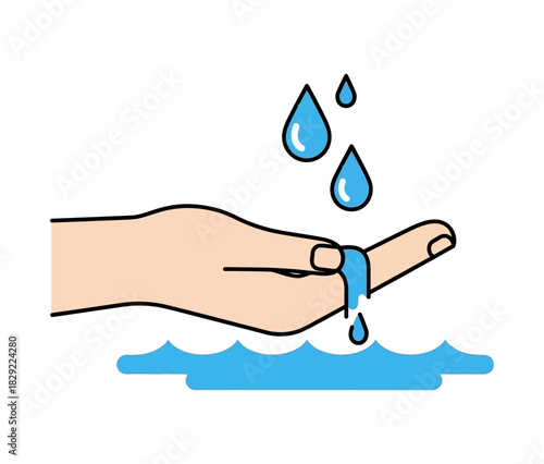 Illustration of a hand with water droplets falling into it, representing water conservation.