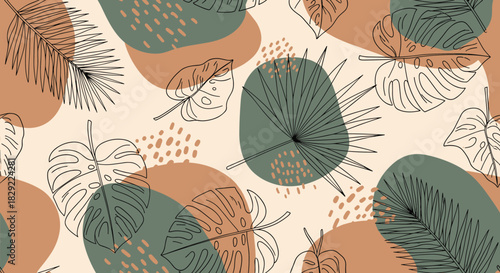 Modern seamless pattern combining outlined tropical leaves with abstract organic shapes in earthy tones of brown and green.