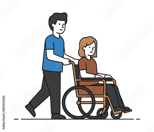 A man pushing a woman in a wheelchair, illustrating care and assistance for people with disabilities.