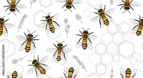 Seamless pattern with realistic honey bees, lavender sprigs, and geometric honeycomb outlines on a clean white background.