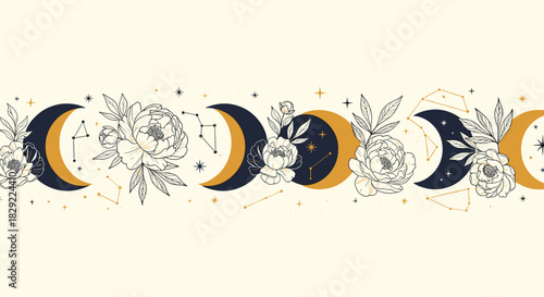 Elegant celestial border with a sequence of floral crescent moons, stars, and constellations in a sophisticated horizontal design.