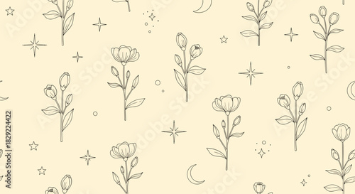 Delicate seamless pattern with hand-drawn stitched flowers, celestial stars, and moons on a soft beige background.
