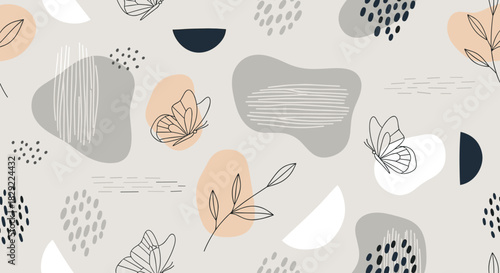 Modern abstract seamless pattern with sketched butterflies, leaves, and various organic shapes and textures in a muted color palette.