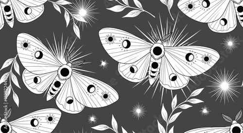 Mystical seamless pattern with glowing white celestial moths, radiant stars, and botanical branches on a dark gray background.
