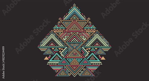 Intricate tribal illustration of stacked geometric triangles in an ethnic, Aztec-inspired pattern with a hand-drawn, colorful style.