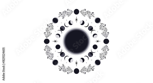 Mystical circular diagram of the moon phases orbiting a central eclipse, framed by a delicate wreath of celestial botanicals.