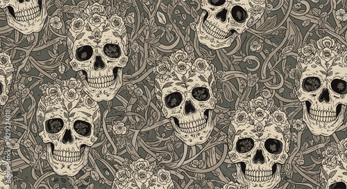 Seamless gothic pattern with detailed sugar skulls wearing flower crowns intertwined with thorny vines for a Day of the Dead theme.