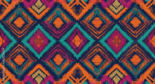 Vibrant seamless pattern in an ethnic ikat style featuring colorful geometric diamond shapes with a textured, hand-drawn effect.