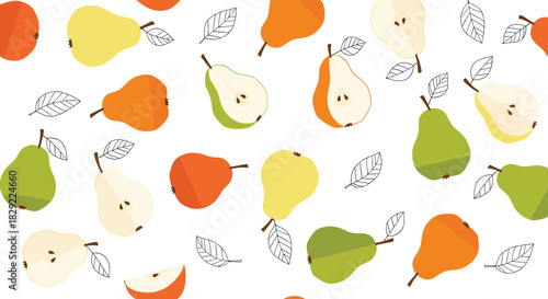 Cheerful seamless fruit pattern with colorful whole and sliced pears and simple leaf outlines scattered on a white background.