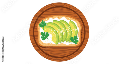 Top-down view of healthy avocado toast with cream cheese, sesame seeds, and parsley on a round wooden serving board vector.