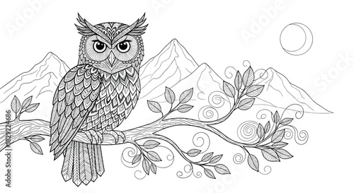 Detailed zentangle-style owl perched on a swirling branch with mountains and a crescent moon, perfect for an adult coloring book.