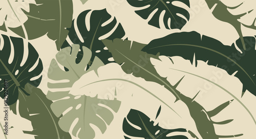 Seamless pattern of tropical monstera and banana leaves in various muted green tones creating a stylish, modern camouflage effect.