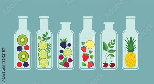 Collection of glass bottles filled with fresh fruits like kiwi, berries, citrus, and pineapple for making healthy infused water.