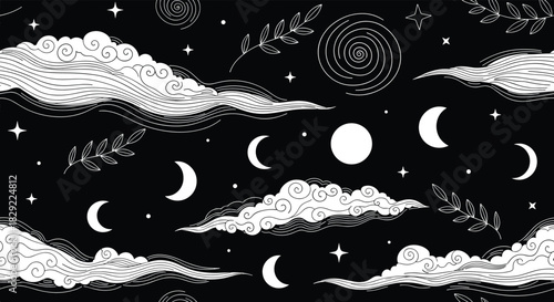 Mystical seamless night sky pattern with hand-drawn stylized clouds, crescent moons, stars, and leaves on a black background.
