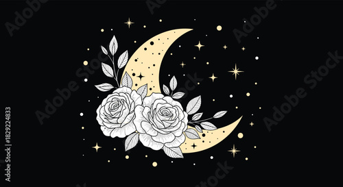 Elegant celestial illustration of a golden crescent moon adorned with white roses and leaves, surrounded by sparkling stars.