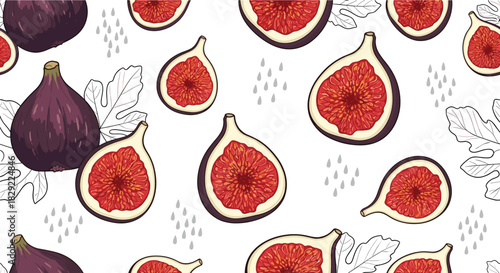 Seamless pattern with beautifully illustrated whole and sliced ripe figs, leaves, and abstract dots on a white background vector.