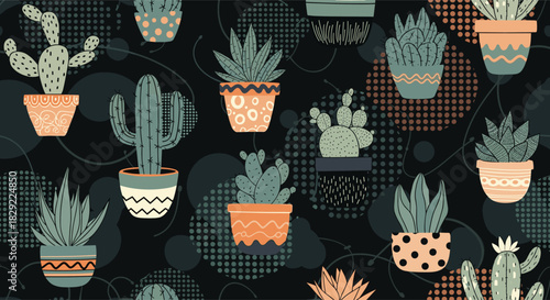 Seamless pattern with a variety of cute cacti and succulents in colorful decorative pots on a dark, modern background design.