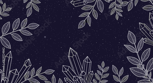 Mystical night sky background with sparkling stars, framed by elegant white line-art crystals and botanical leaf branches.